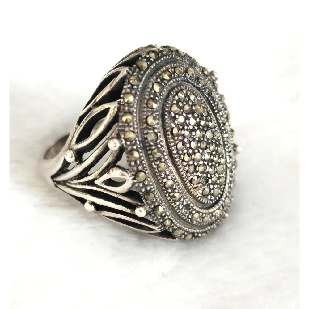 Vintage 925 Sterling Silver Marcasite Oval Statement Ring Size 10 17g